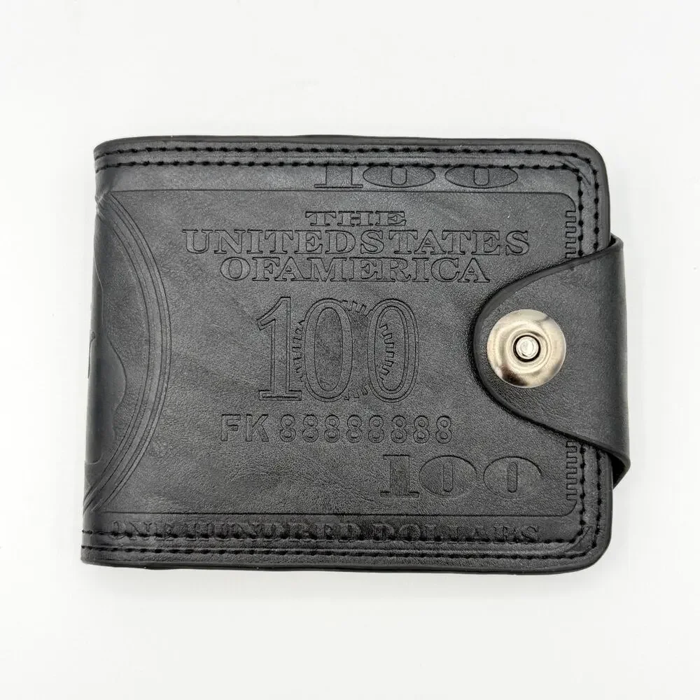 New Black $100 Bill Embossed Faux Leather Bifold Wallet Snap Closure ID Window